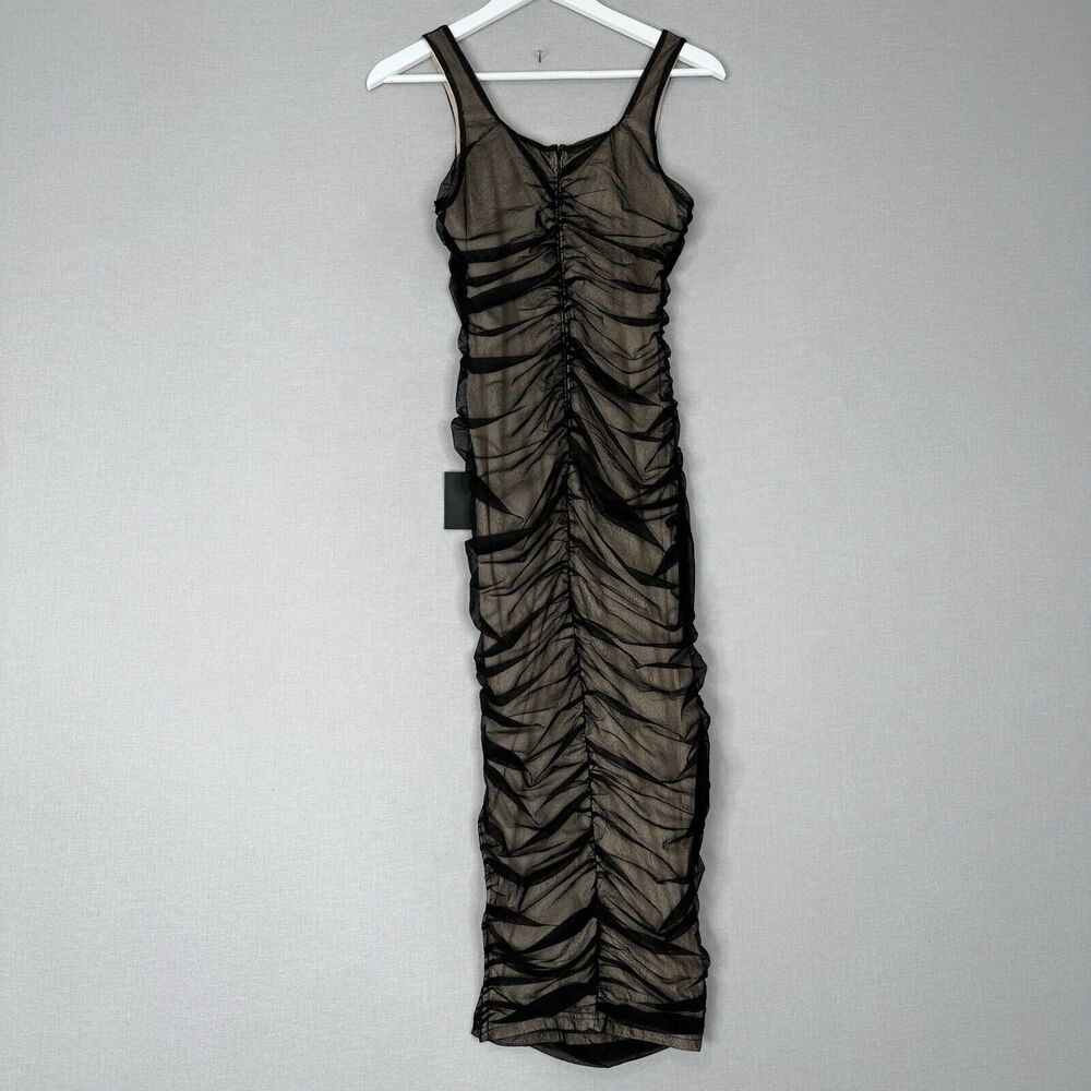 Lulus Womens Dress M Black V.I.P. Treatment Mesh Ruched Bodycon Midi Dark Y2K - Picture 9 of 13